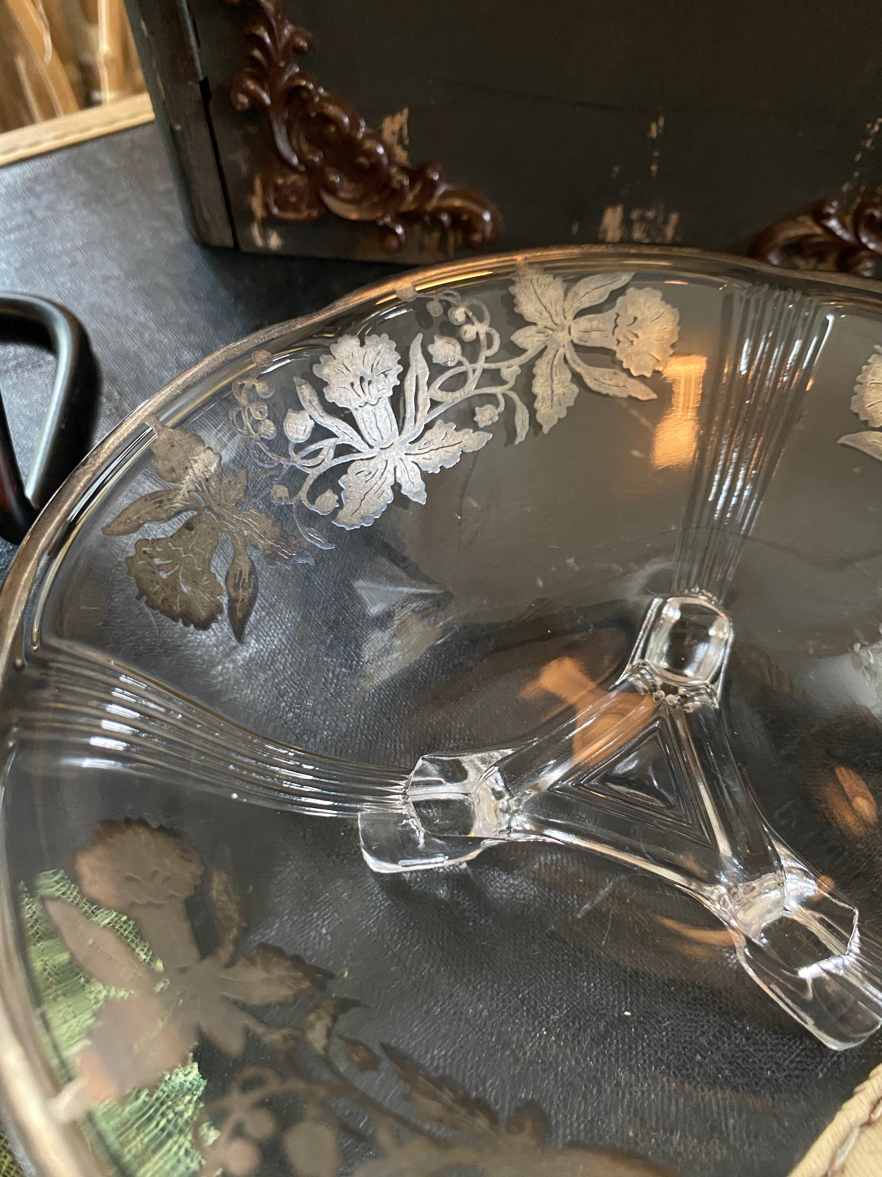 Clear Glass w/ Sterling Silver Overlay 3 Footed Bowl w/ Iris