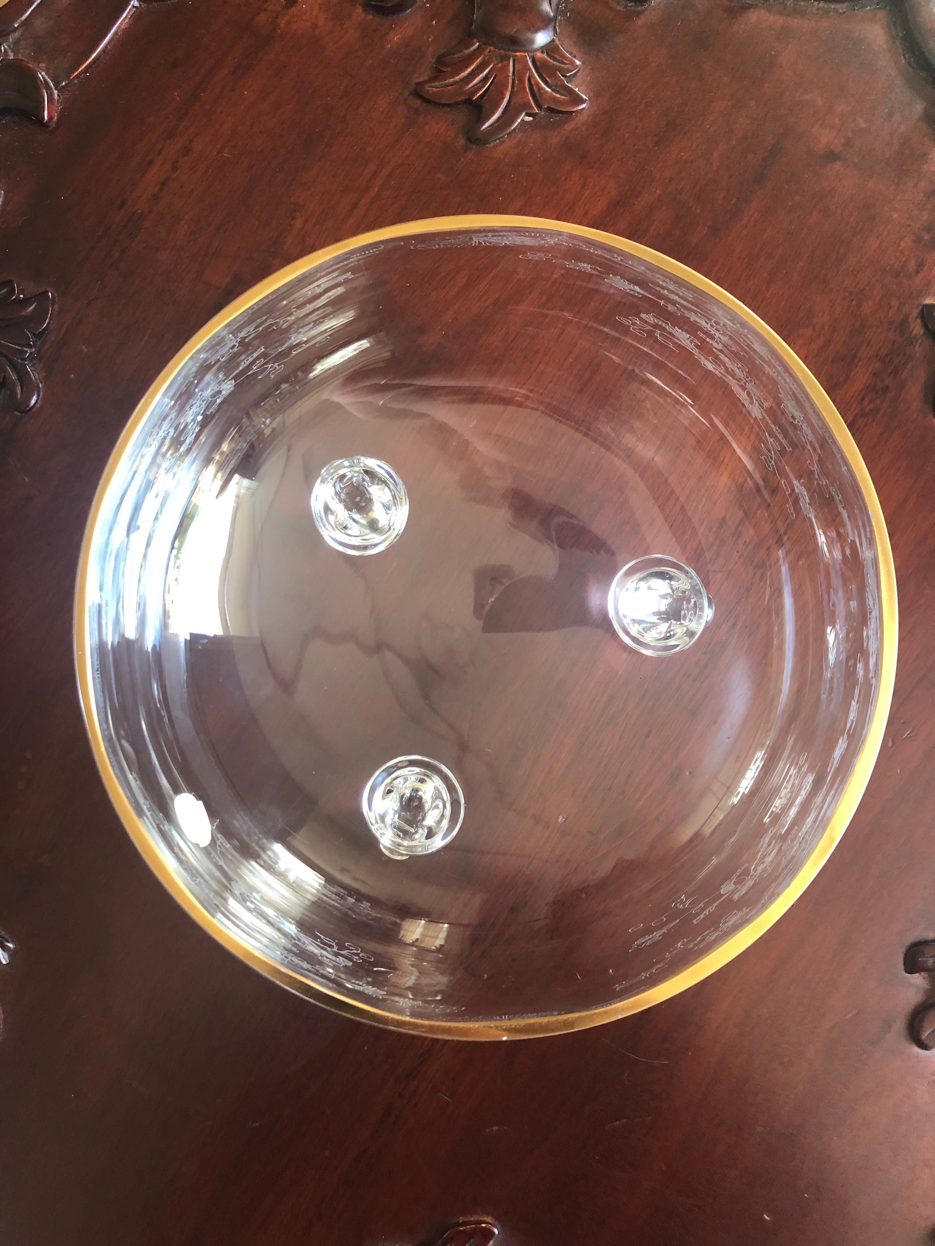 Vintage Czech Bohemia Crystal Etched Footed Bowl w/ gold trim