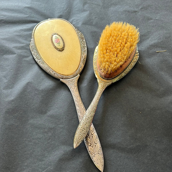 Vintage Silver Hand Mirror & Brush set w/ Rose