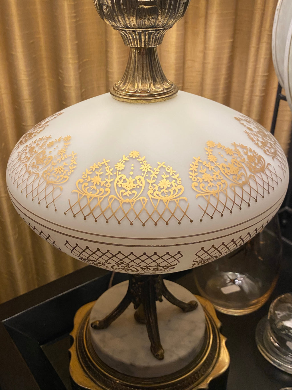 Vintage French Opaline Lamp w/ Gold Filigree & Marble Base
