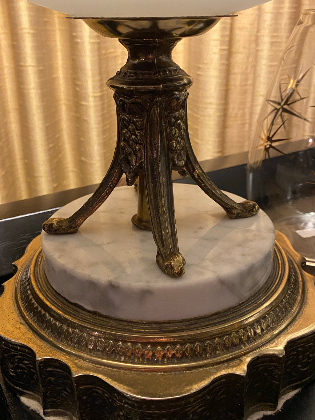 Vintage French Opaline Lamp w/ Gold Filigree & Marble Base