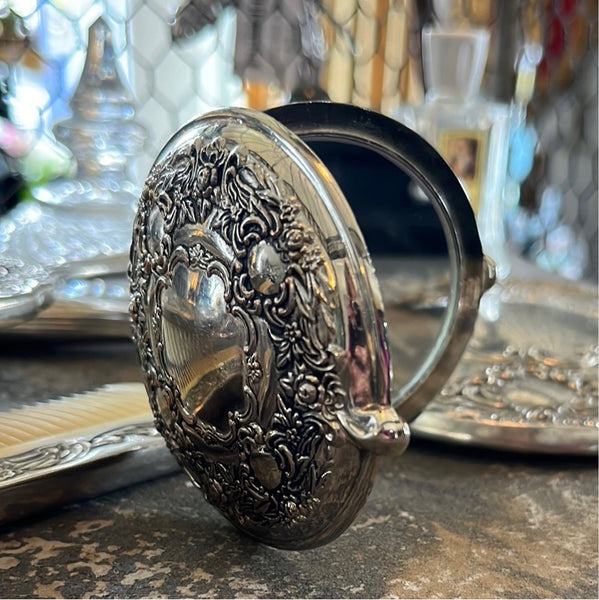 Silver Plated Embossed Floral Compact