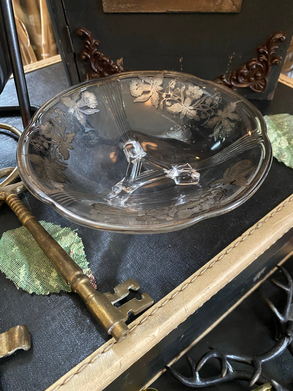 Clear Glass w/ Sterling Silver Overlay 3 Footed Bowl w/ Iris