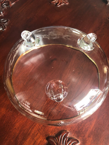 Vintage Czech Bohemia Crystal Etched Footed Bowl w/ gold trim