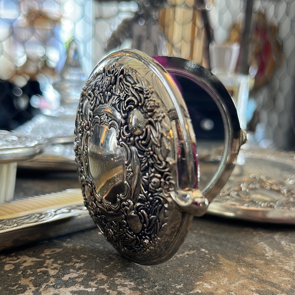 Silver Plated Embossed Floral Compact