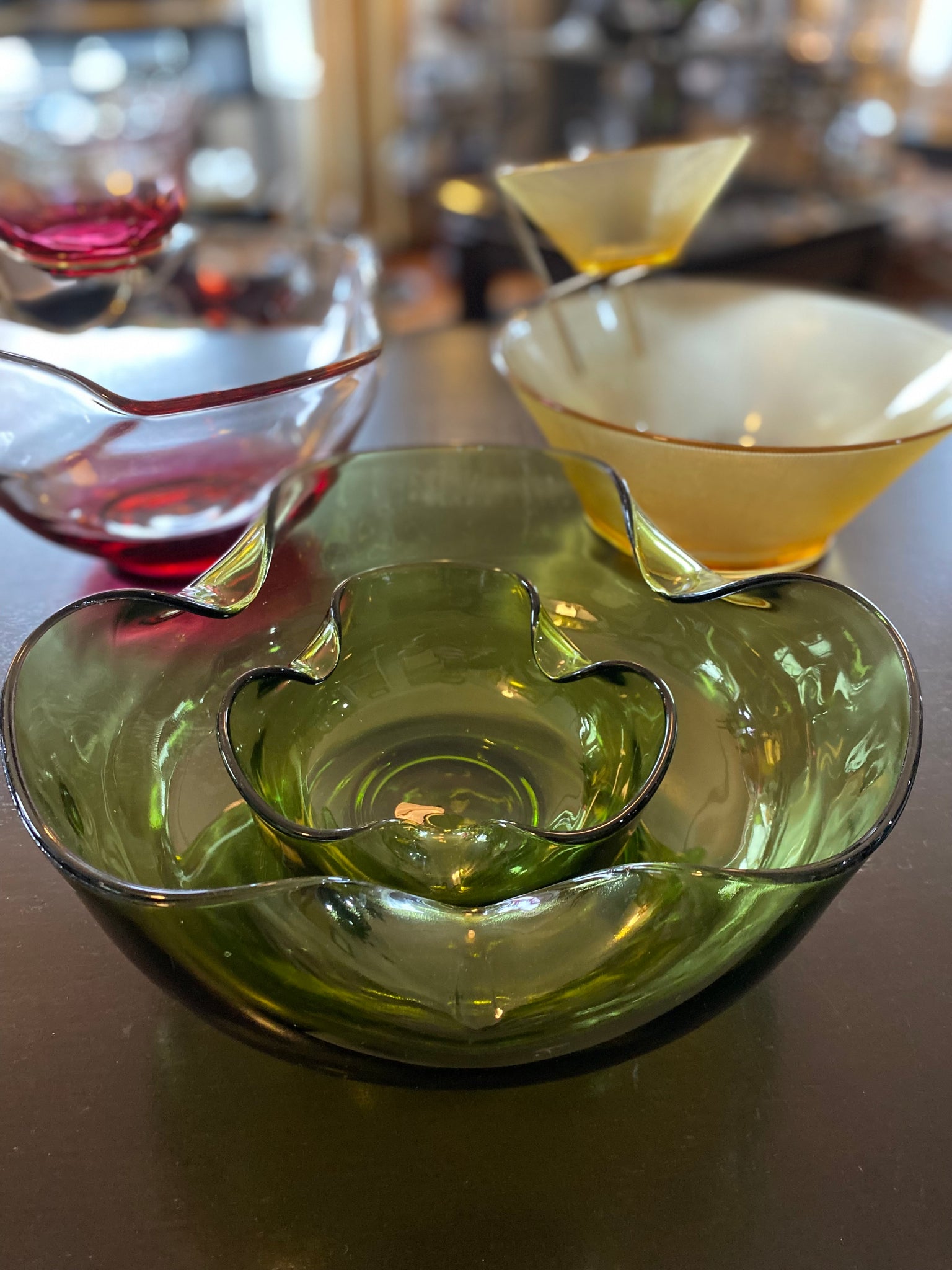 Vintage 2 Piece Chip And Dip Set Anchor Hocking Green Emerald Mid Century Modern