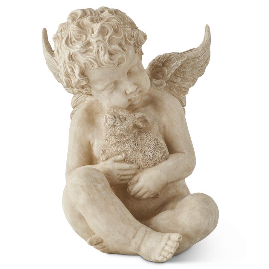 15.5" Antique Whitewashed Resin Cherub Holding Bunny