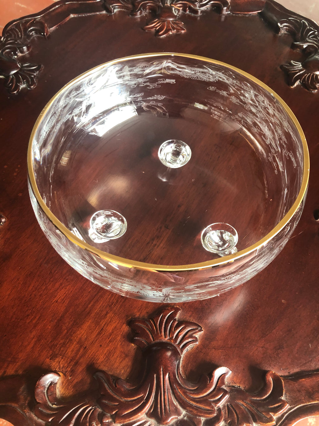 Vintage Czech Bohemia Crystal Etched Footed Bowl w/ gold trim