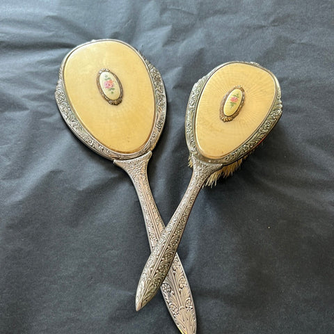 Vintage Silver Hand Mirror & Brush set w/ Rose