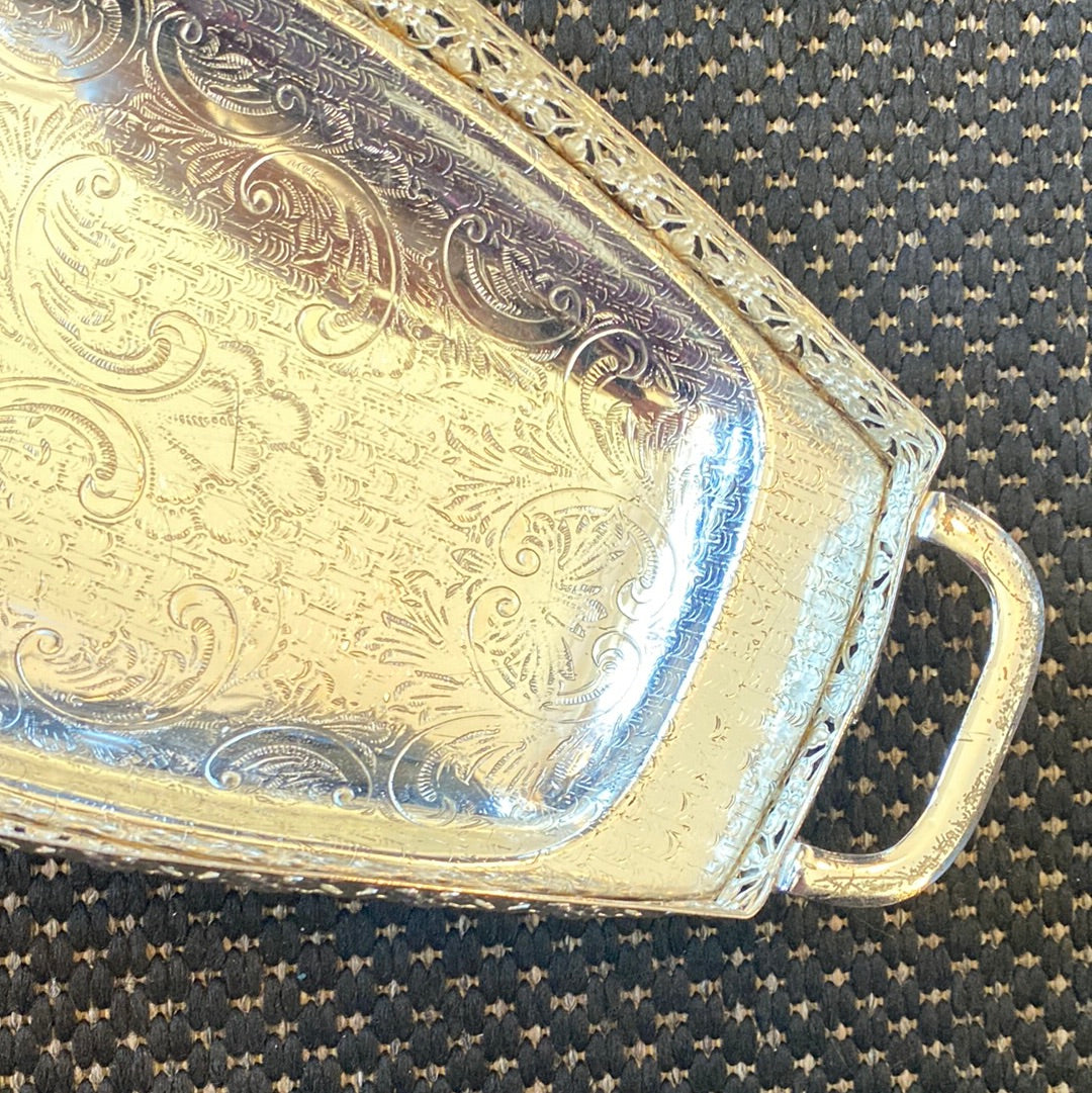 Vintage Silver Plated Offering Tray w/ Handles & Ball Feet