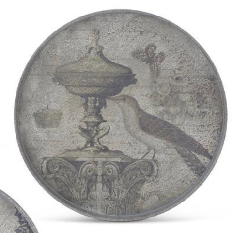 Round Grey Rimmed Bird w/ Urn Wall Plaque