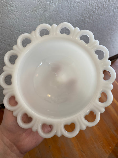 Anchor Hocking Milk Glass Ruffled Lace Edge Compote 7"