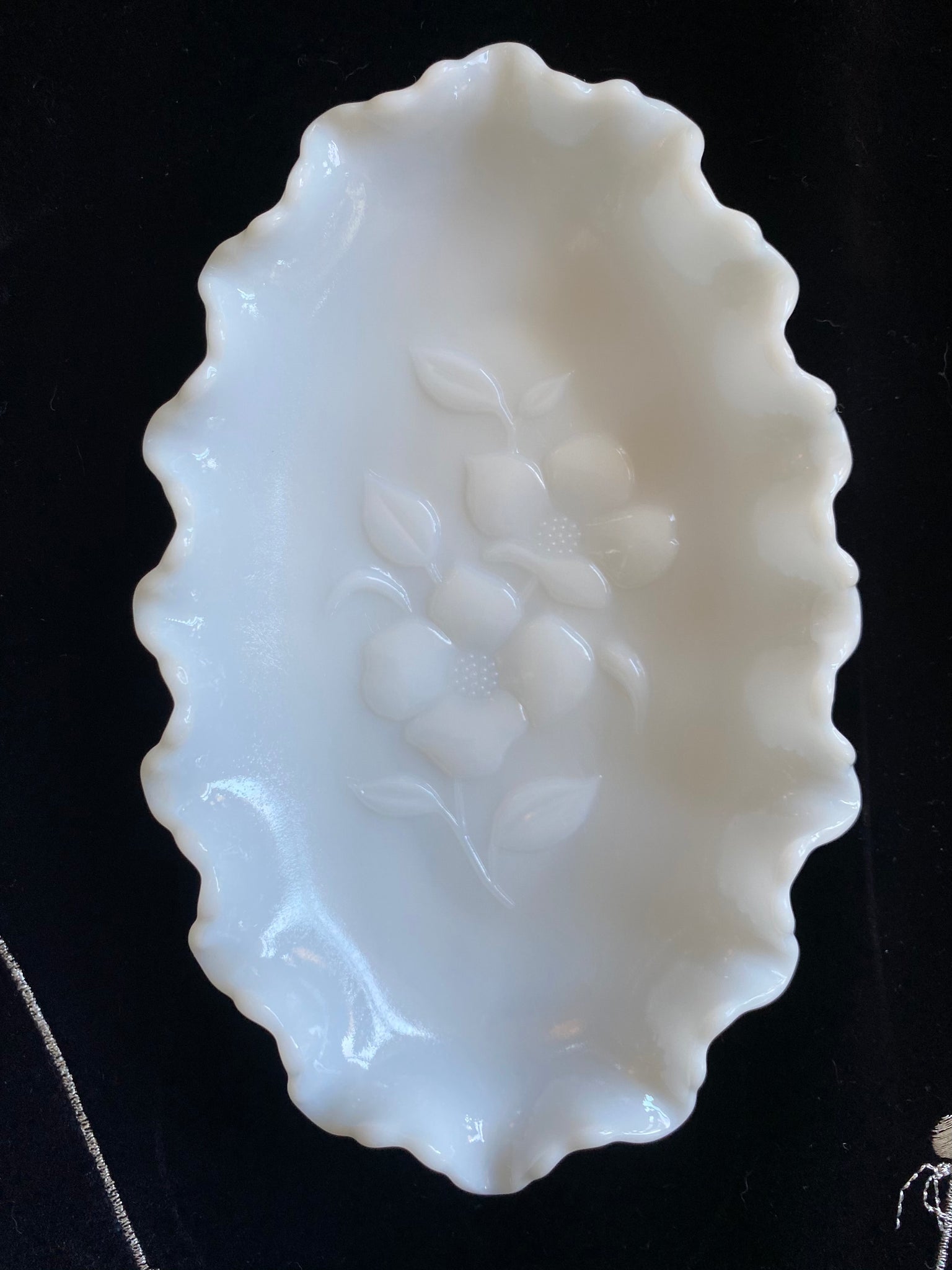 Vintage Hazel Atlas Oval & Ruffled Milk Glass w/ Dogwood Pattern