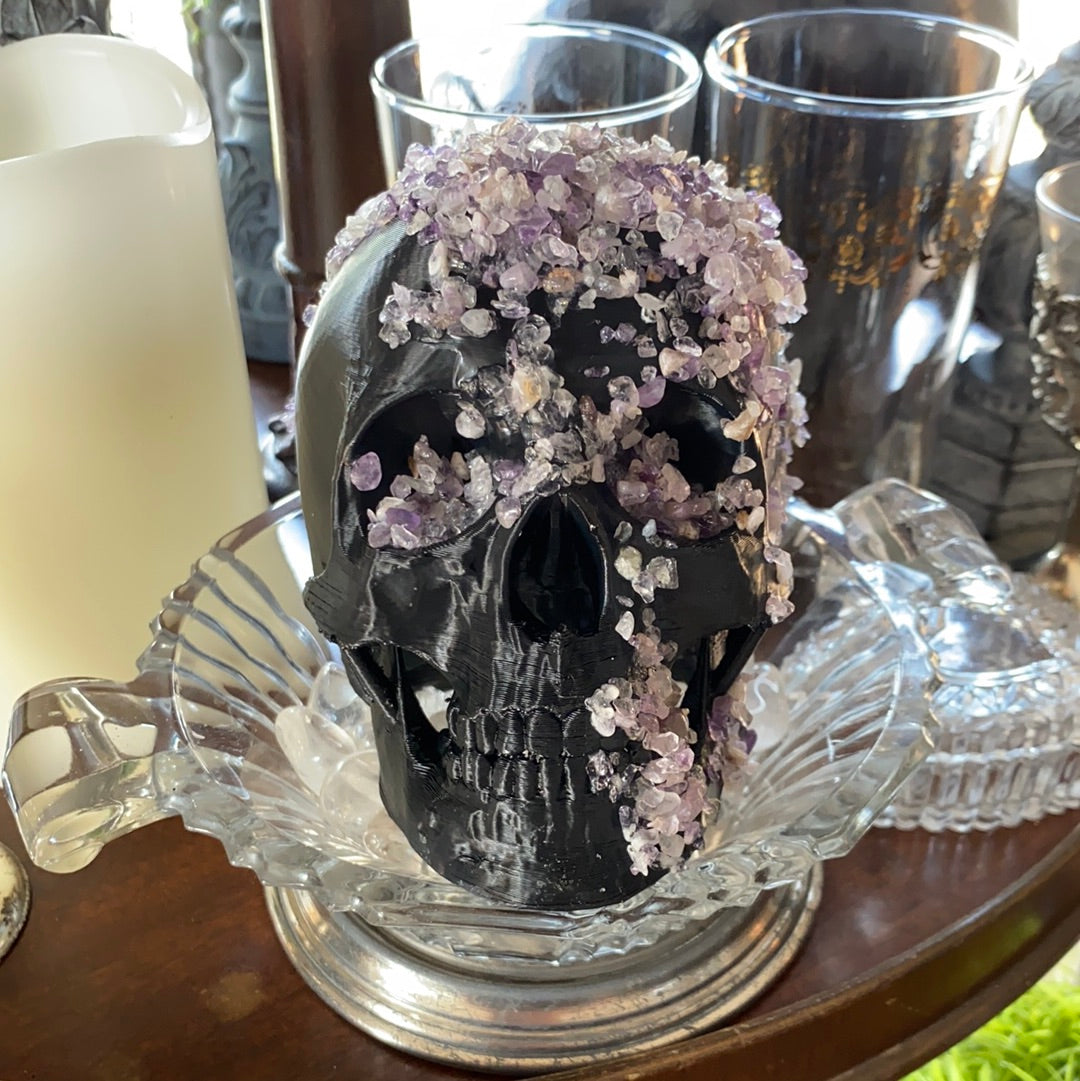 Small Black Enviro Skull Encrusted w/ Amethyst