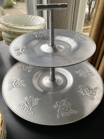 Vintage 2 Tier Aluminum Rose Dessert Stand