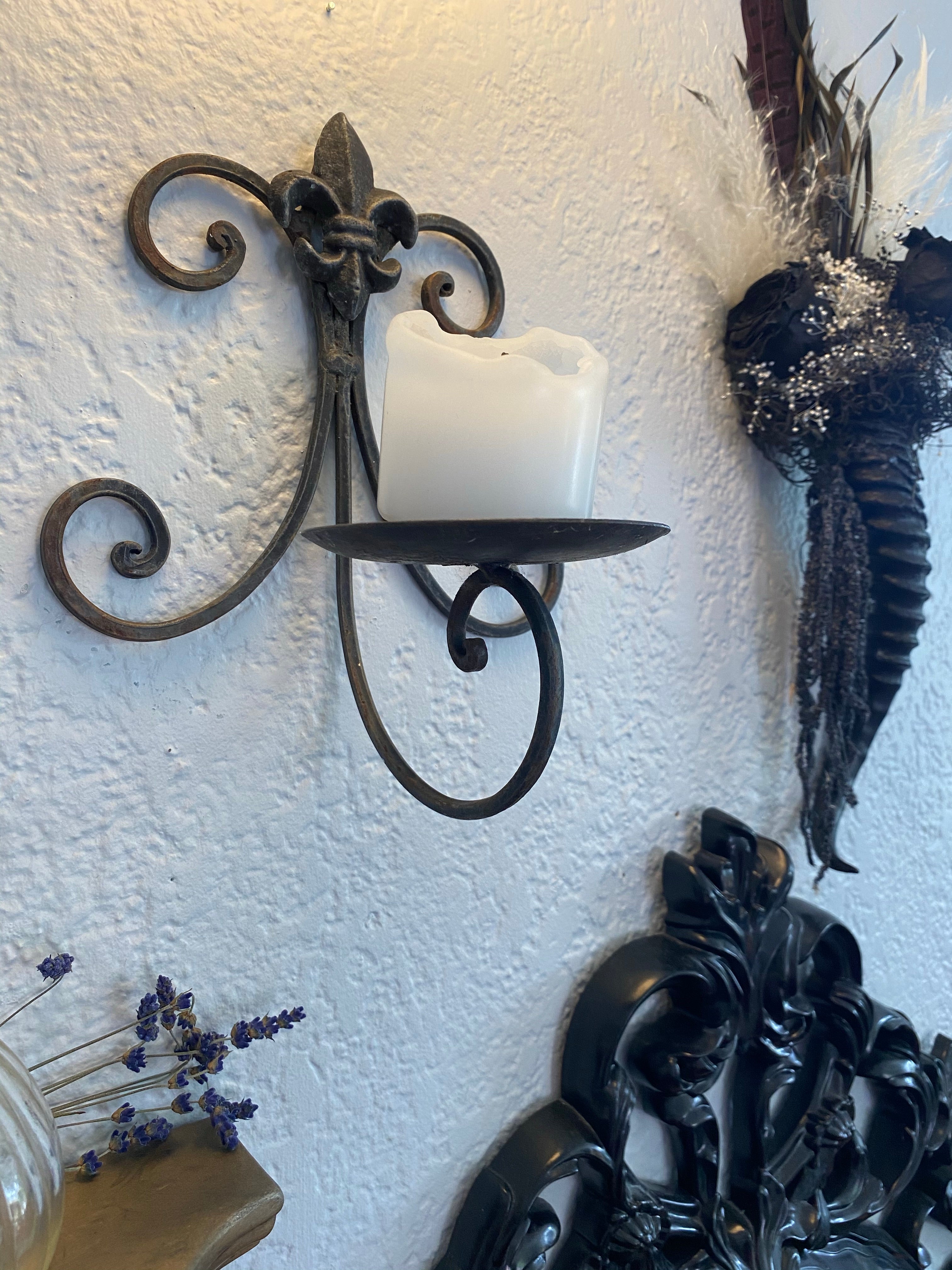 Black Wrought Iron Scroll Wall Candle Sconce w/ Fleur de Lis