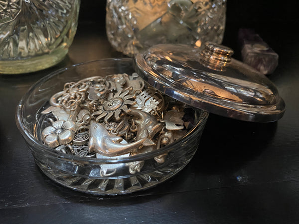 Clear Depression Glass Dish Starburst mini w/ silver lid