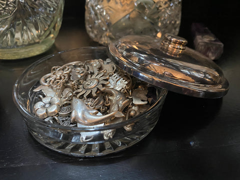 Clear Depression Glass Dish Starburst mini w/ silver lid