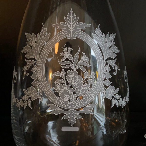 Antique Clear Glass Flat Lidded Decanter w/ Etched Roses