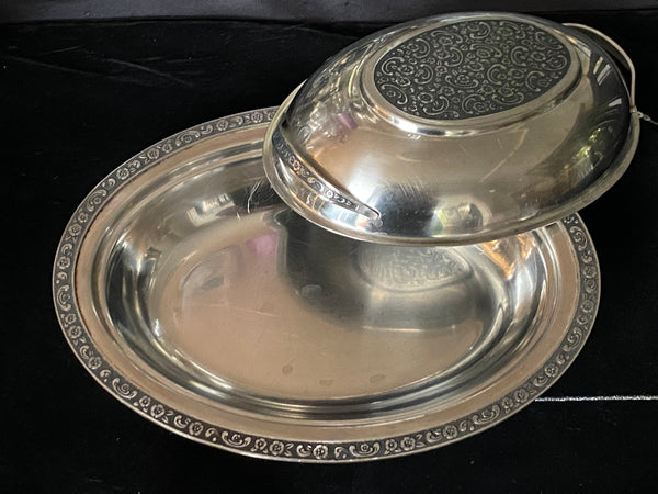 Vintage Stainless Oval Scroll Serving Dish