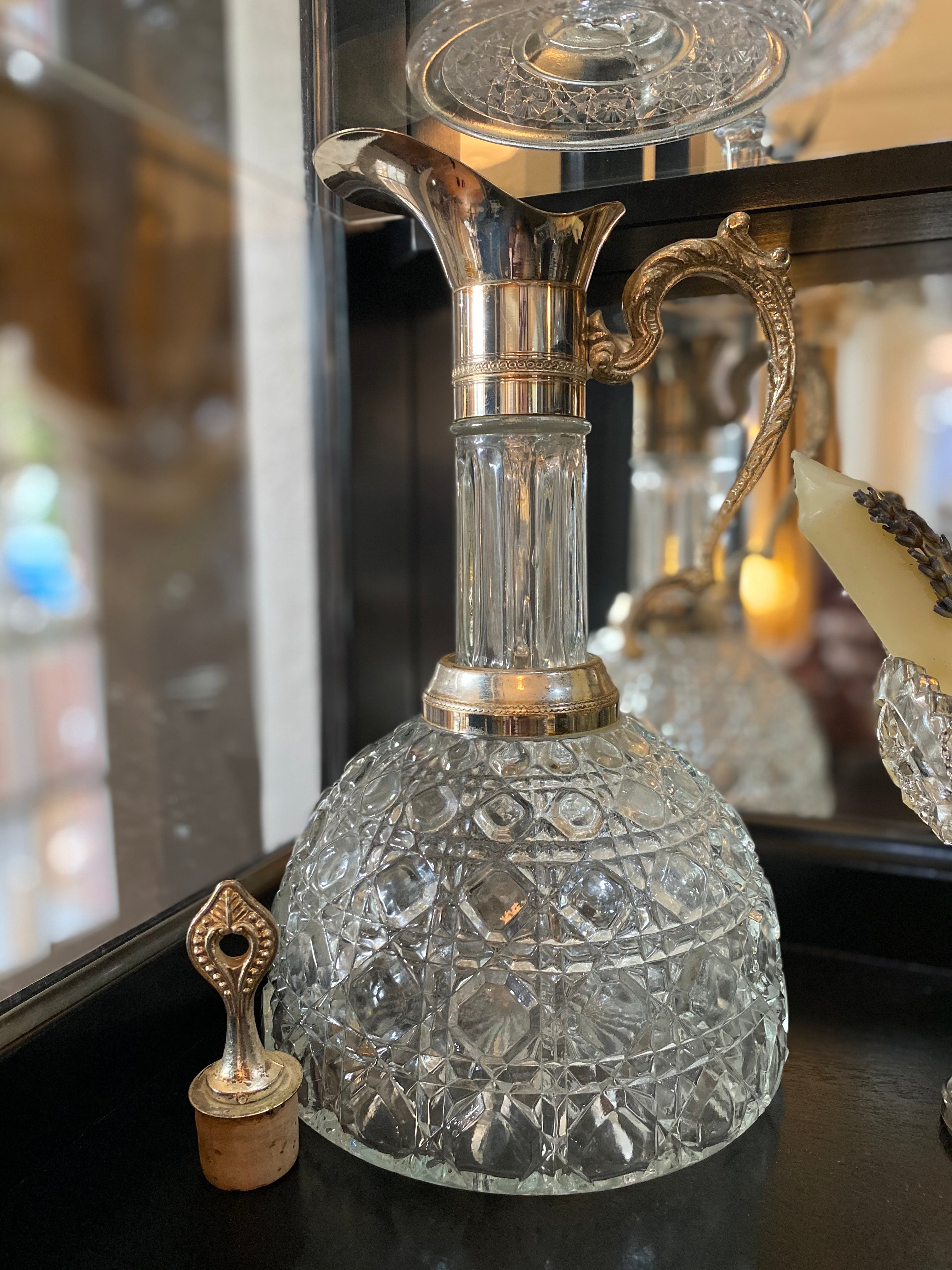 Vintage Silver Plate & Pressed Glass Wine Decanter w/ Bell Bottom