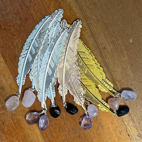 Feather Metal Bookmark w/ Crystals