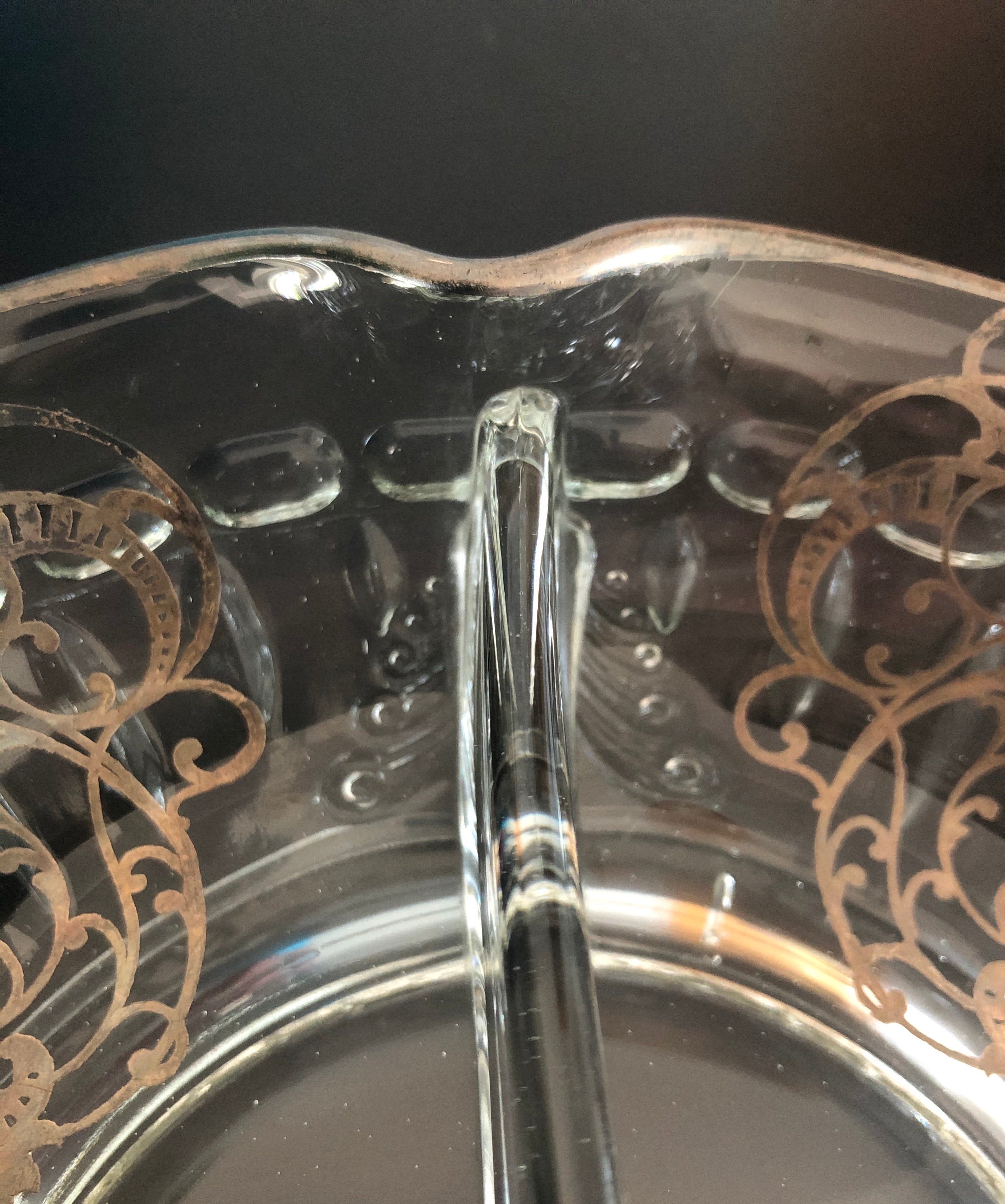 Cambridge Glass Scalloped divided bowl w/ Silver Overlay