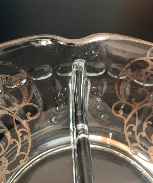Cambridge Glass Scalloped divided bowl w/ Silver Overlay