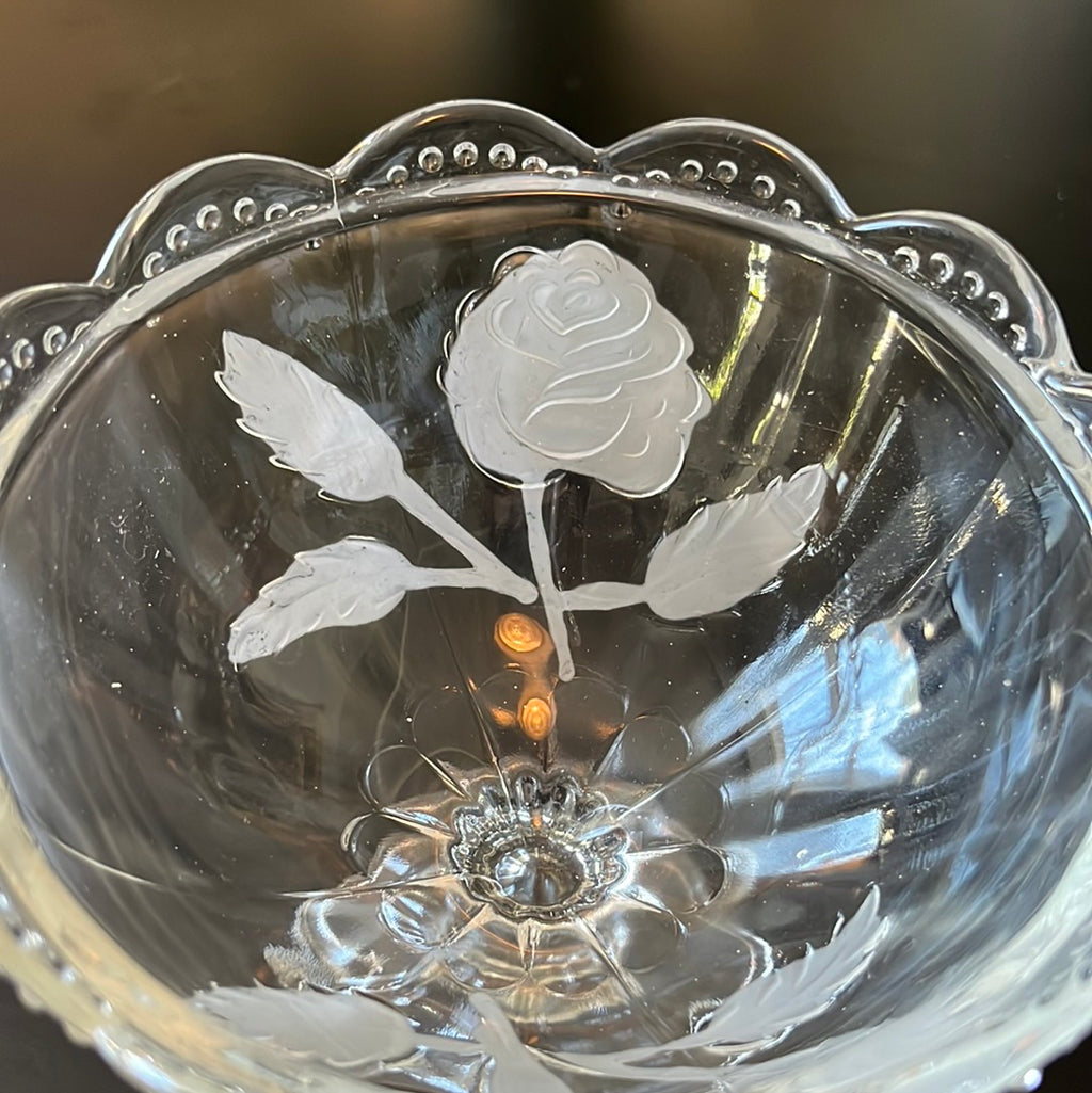 Frosted Rose Etched Footed Compote