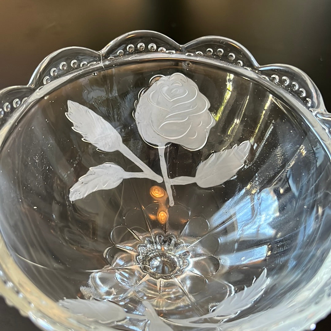 Frosted Rose Etched Footed Compote