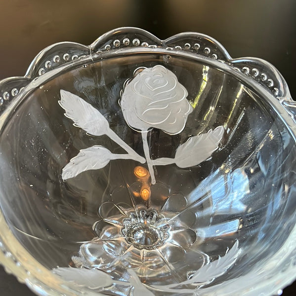Frosted Rose Etched Footed Compote