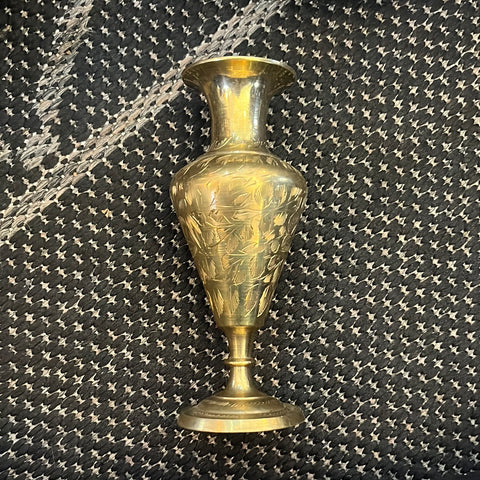 Vintage Indian Brass Vase with engraved leaf detail