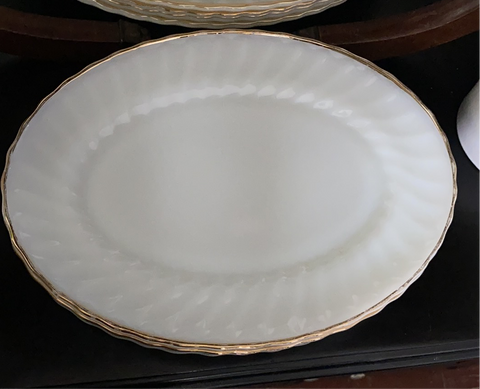 Anchor Hocking Fire King Oval Platter Milk Glass Swirl Golden Shell Lustre 13”