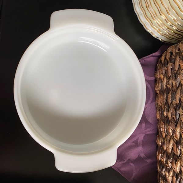 Anchor Hocking Fire King Ribbed Milk Glass Round Handled Casserole Dish 1QT
