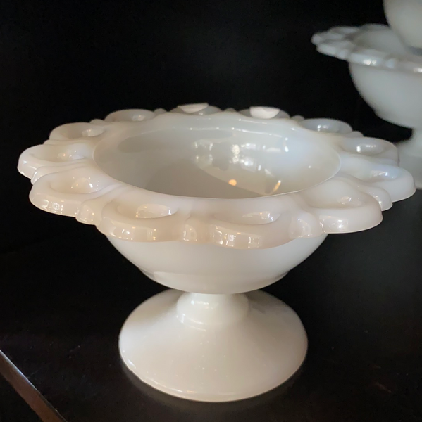 Anchor Hocking Milk Glass Ruffled Lace Edge Compote 5"