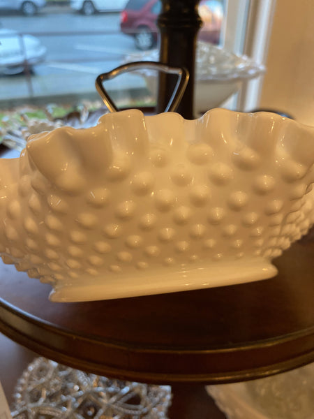 Fenton Nut/Candy Dish/Bowl White Milk Glass Hobnail w/ Chrome Handle