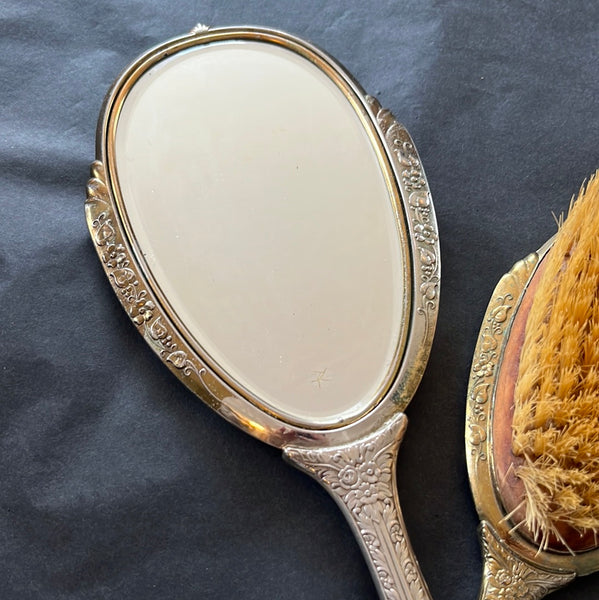 Vintage Silver Hand Mirror & Brush set w/ Rose