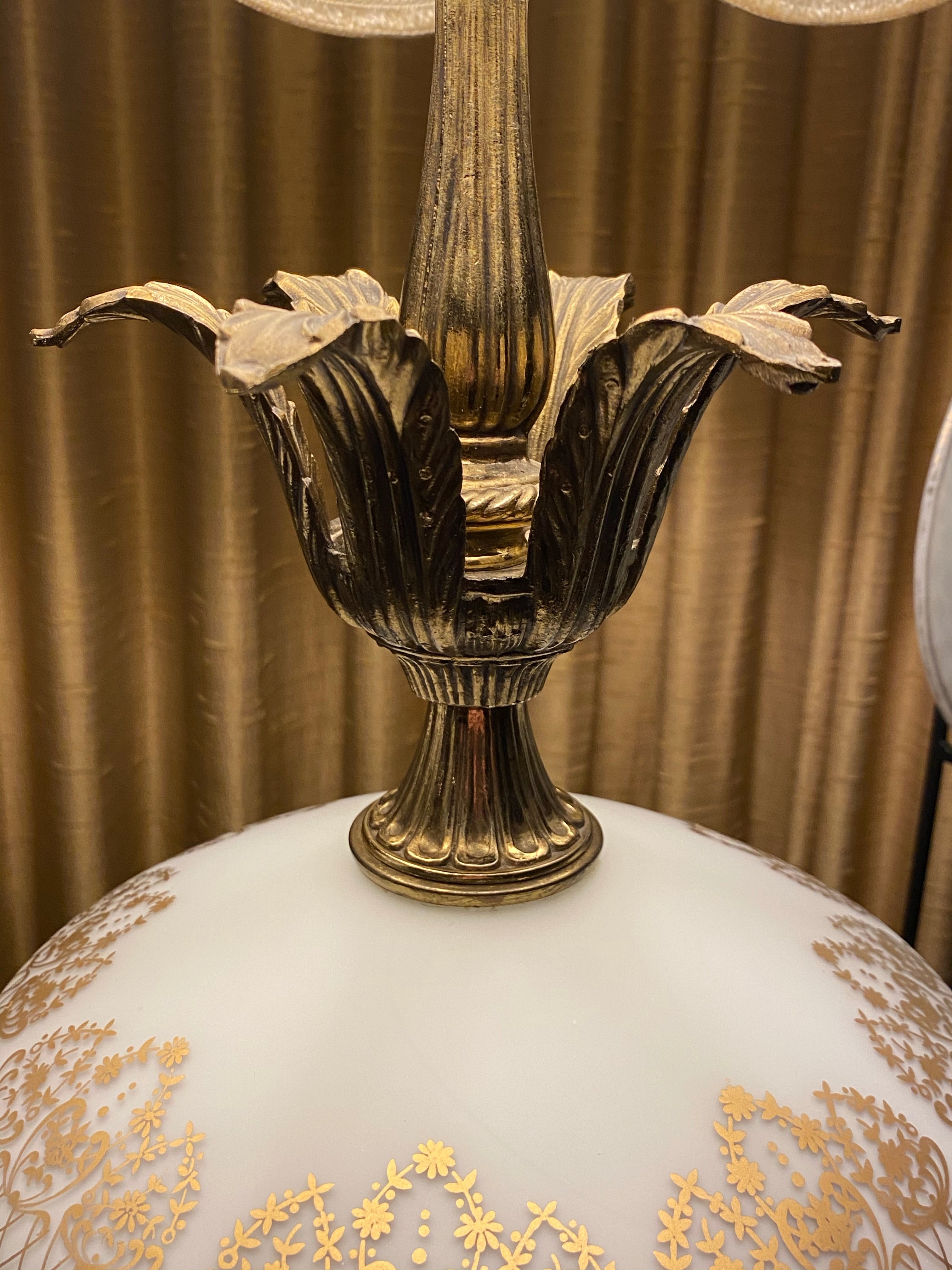 Vintage French Opaline Lamp w/ Gold Filigree & Marble Base