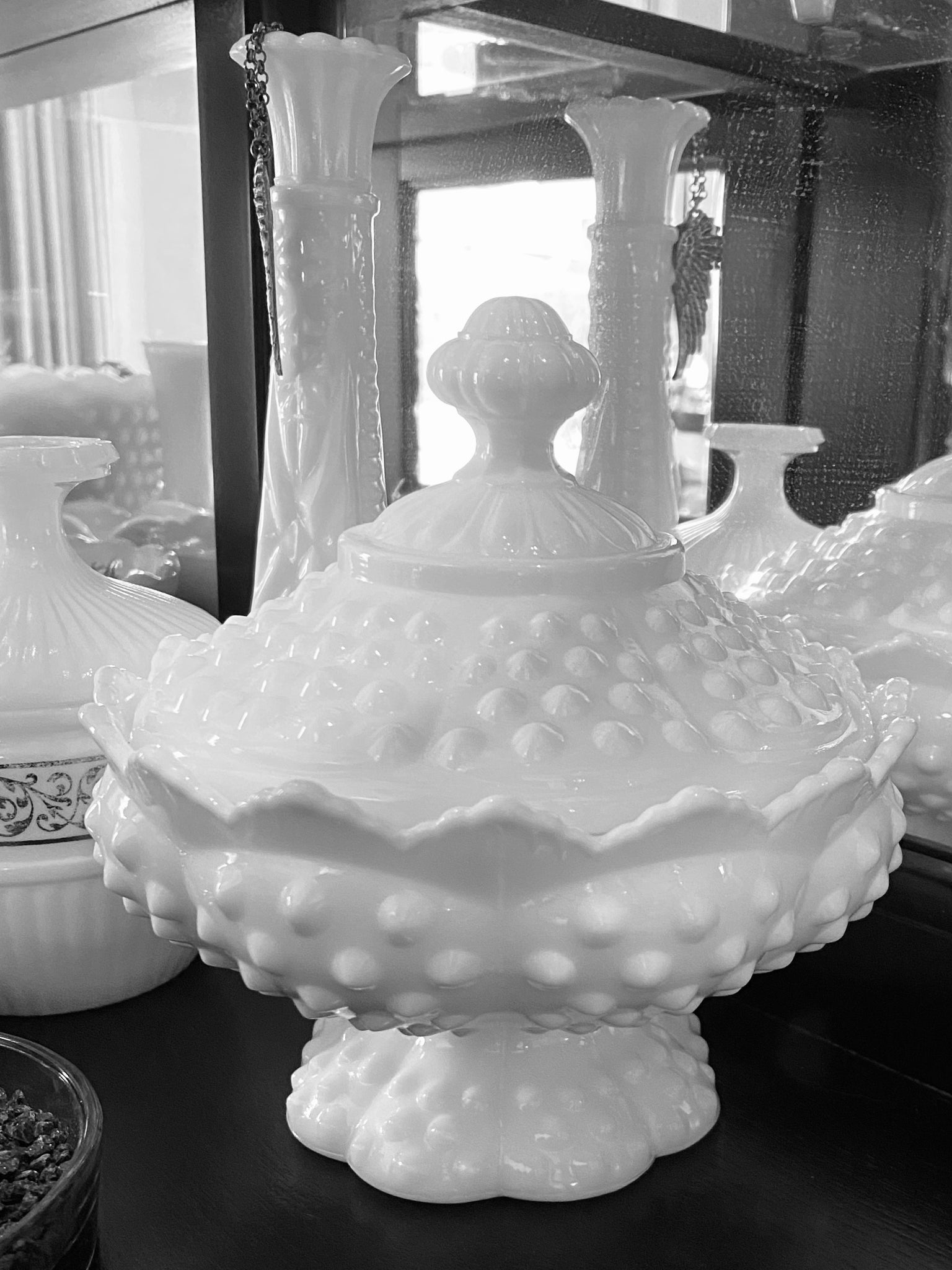 Vintage (Wide) Hobnail Milk Glass Dish w/ Lid