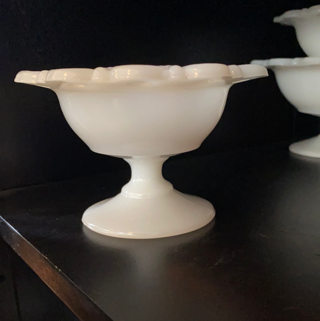 Anchor Hocking Milk Glass Ruffled Lace Edge Compote 5"