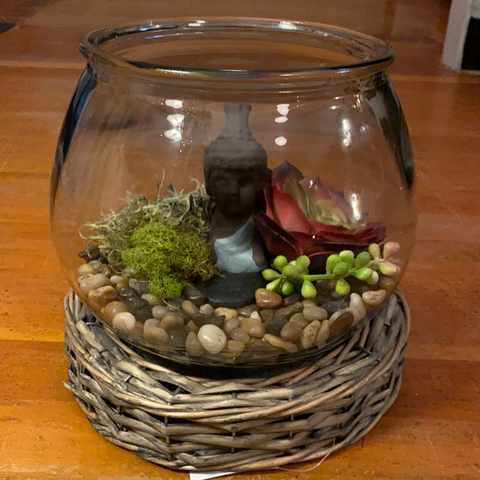 Glass & Wicker Round Terrarium w/ Blue Buddha