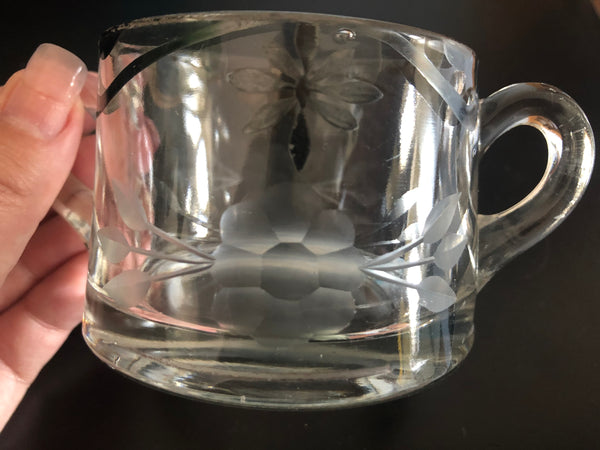 Clear Glass Depression Sugar Bowl w etched flower & black filigree