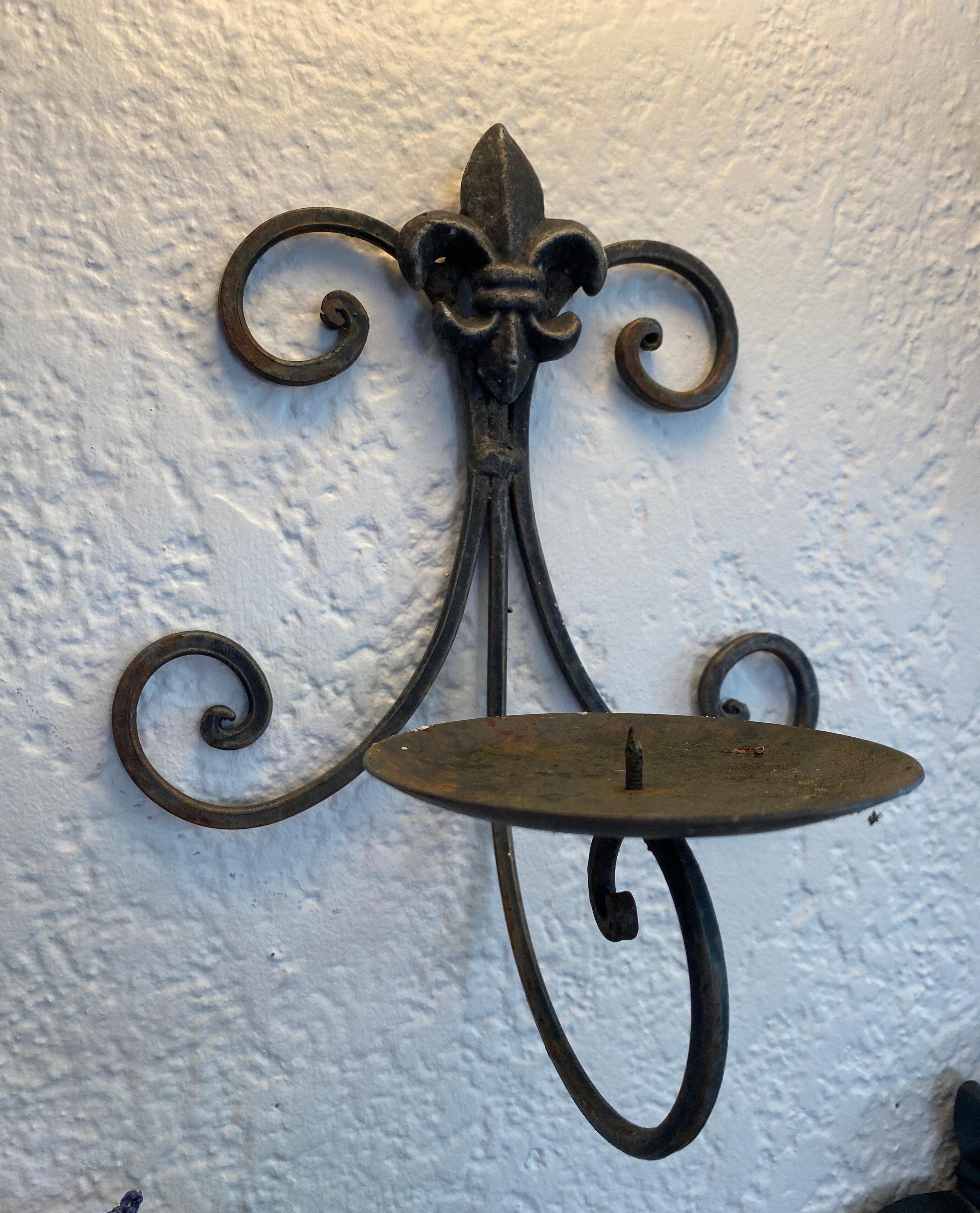Black Wrought Iron Scroll Wall Candle Sconce w/ Fleur de Lis