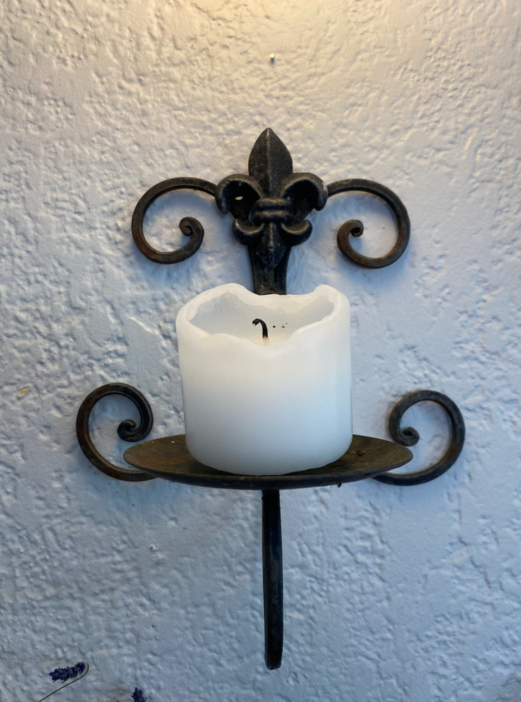 Black Wrought Iron Scroll Wall Candle Sconce w/ Fleur de Lis – The