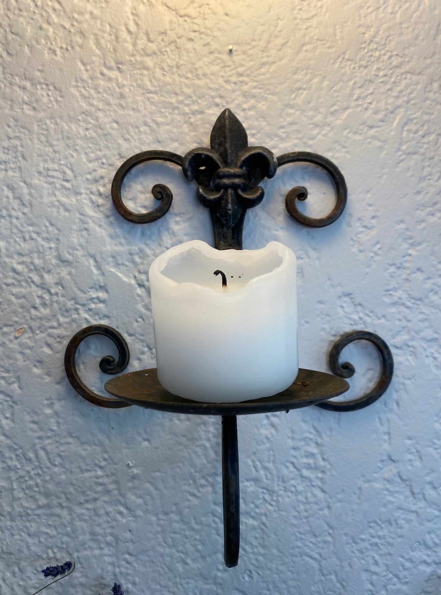 Black Wrought Iron Scroll Wall Candle Sconce w/ Fleur de Lis