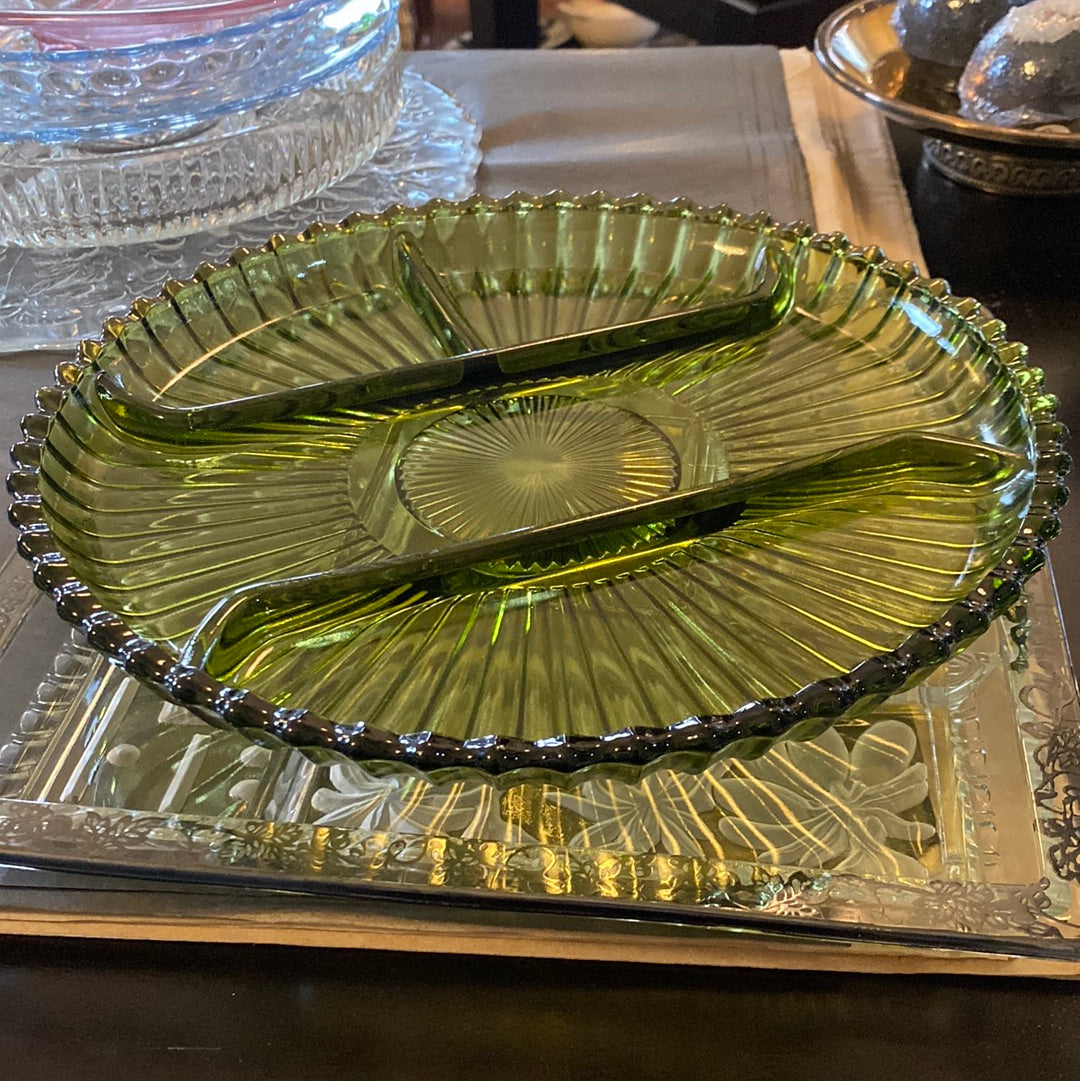 Vintage Green Indiana Glass Divided Tray