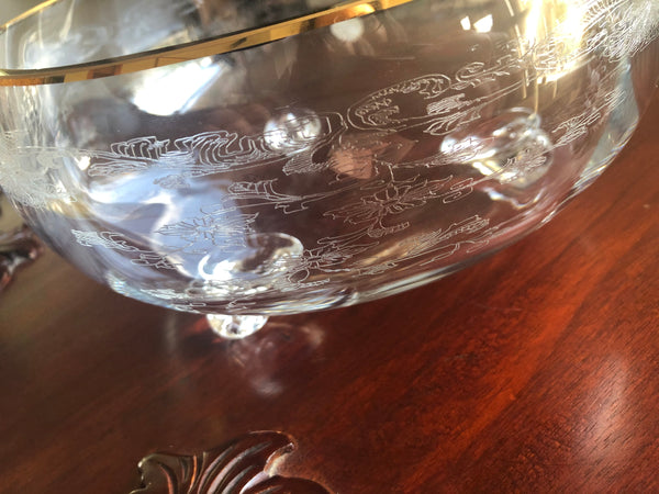Vintage Czech Bohemia Crystal Etched Footed Bowl w/ gold trim
