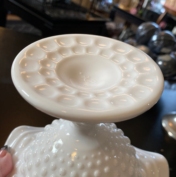 Vintage Imperial Hobnail Milk Glass Footed Flared Crimped Compote