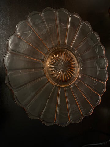 Pink Depression Glass scalloped pedestal plate w/ etched grape sunflower 10.5”