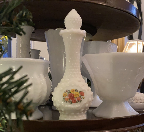 Avon Milk Glass Hobnail Bud Vase w/ topper red & yellow roses